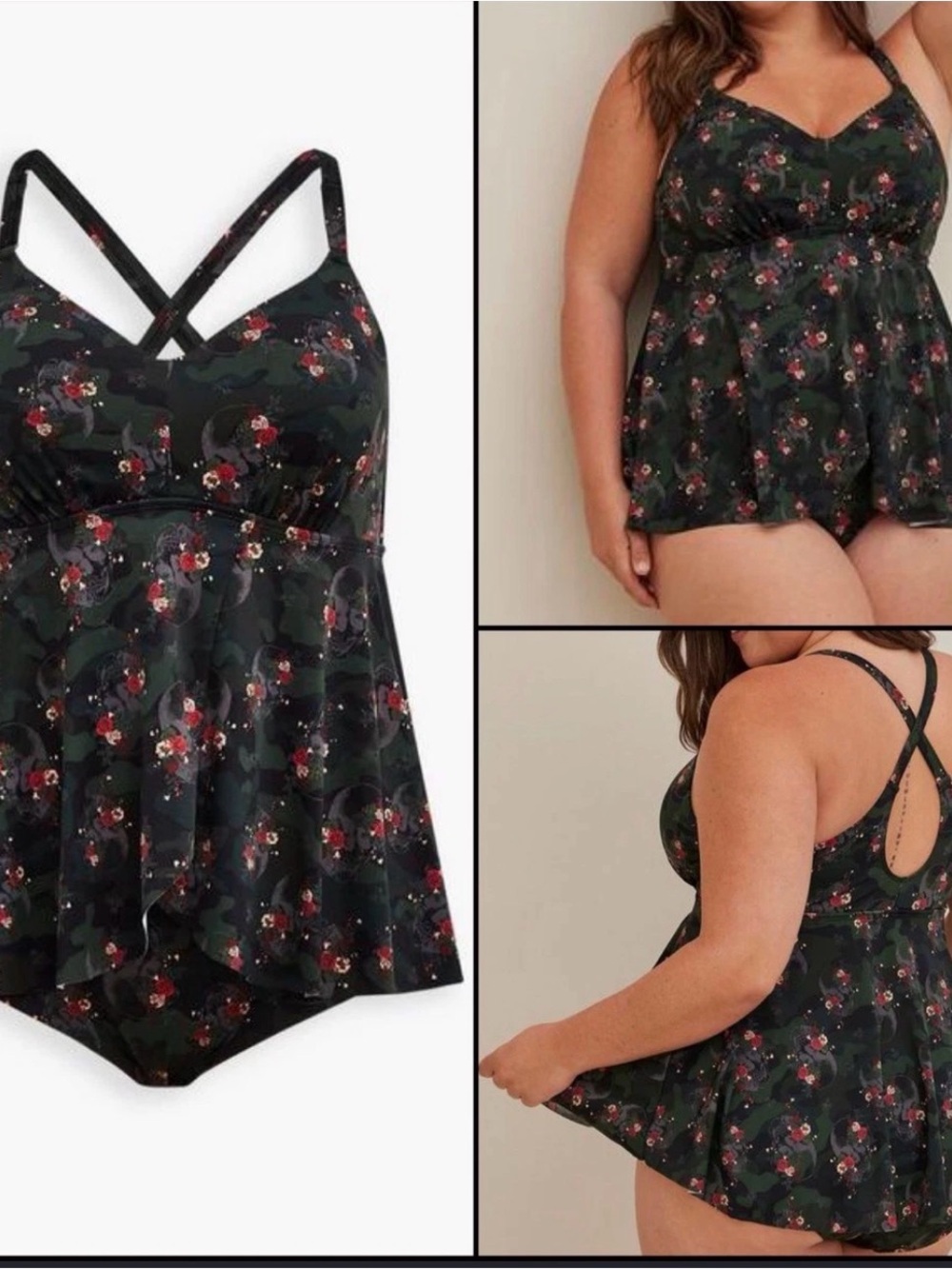torrid Black Floral-Print Bra Top with Green Accents